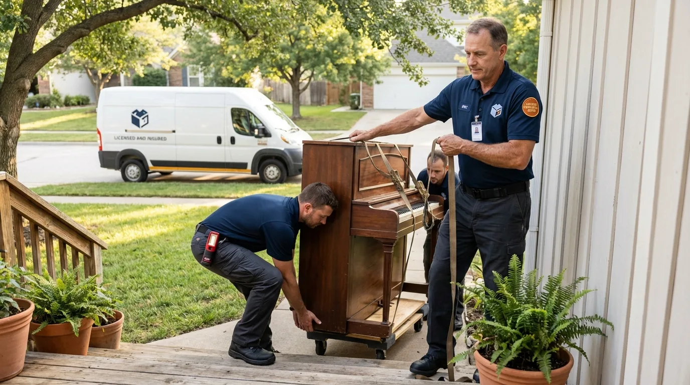 Licensed piano movers securing grand piano in Ordway, CO