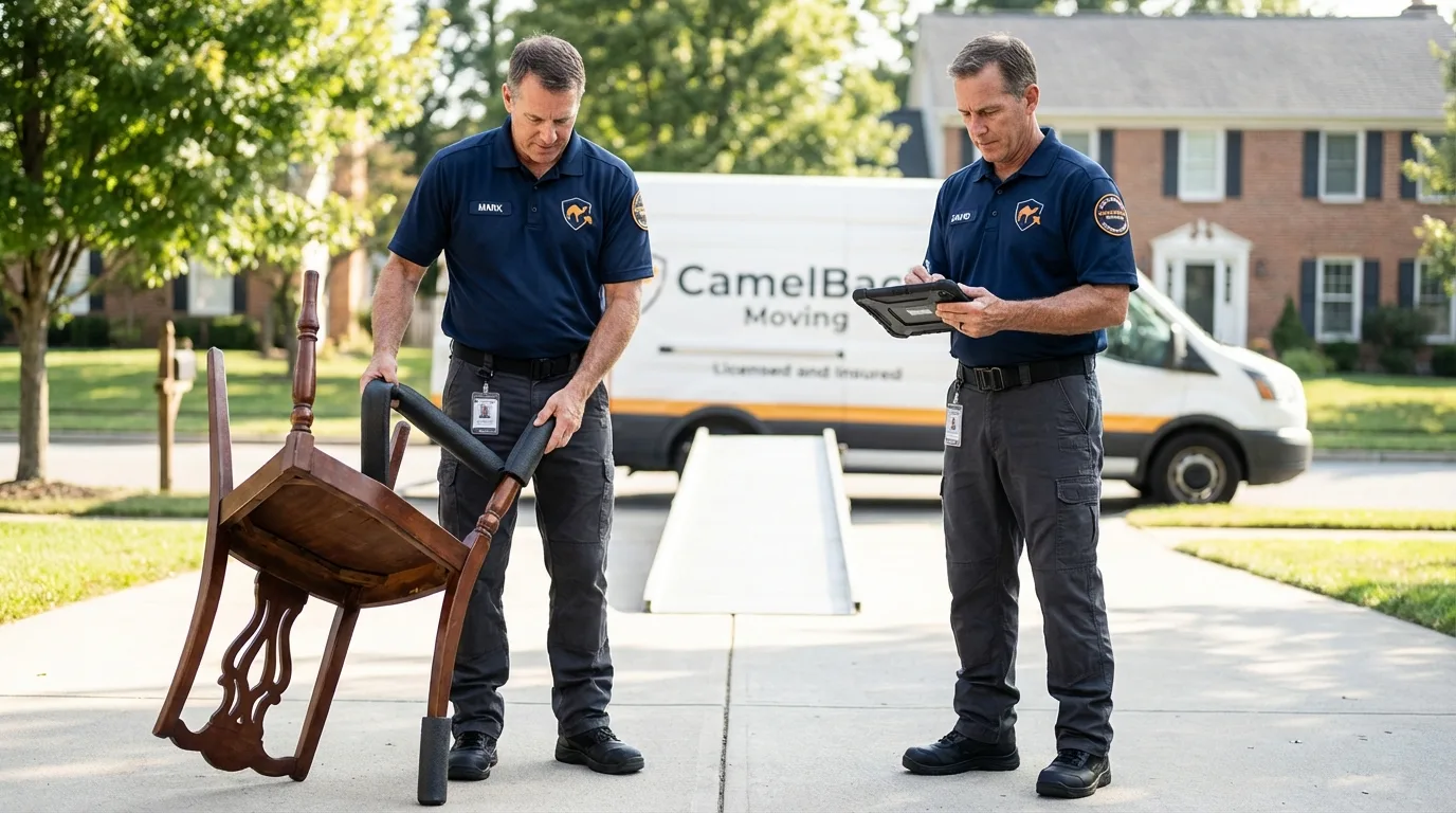 Movers inspecting furniture for damage prevention before loading in Ordway, CO