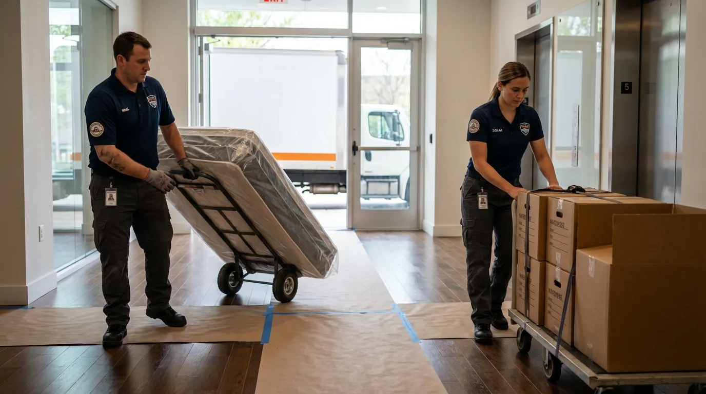 Professional apartment movers loading elevator in Ordway, CO